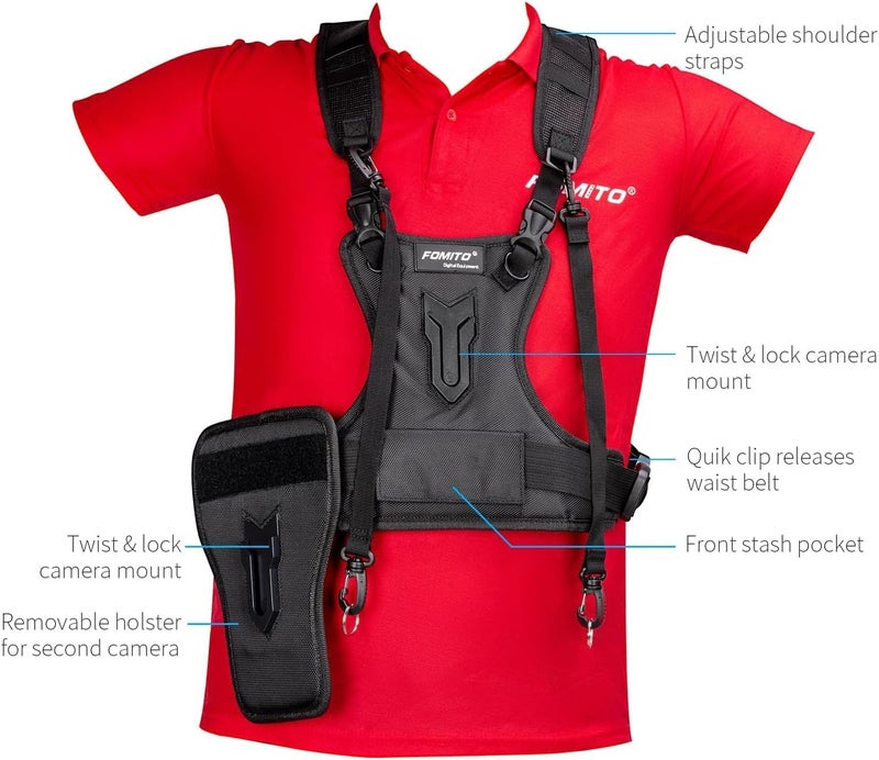 FOMITO Multi Camera Carrying Chest Harness System Vest with Side Holster for Canon for Nikon for Panasonic for Olympus for Sony A7R A7S A7II A7RII A58 A99 A6000 A6300 DSLR - Image 3